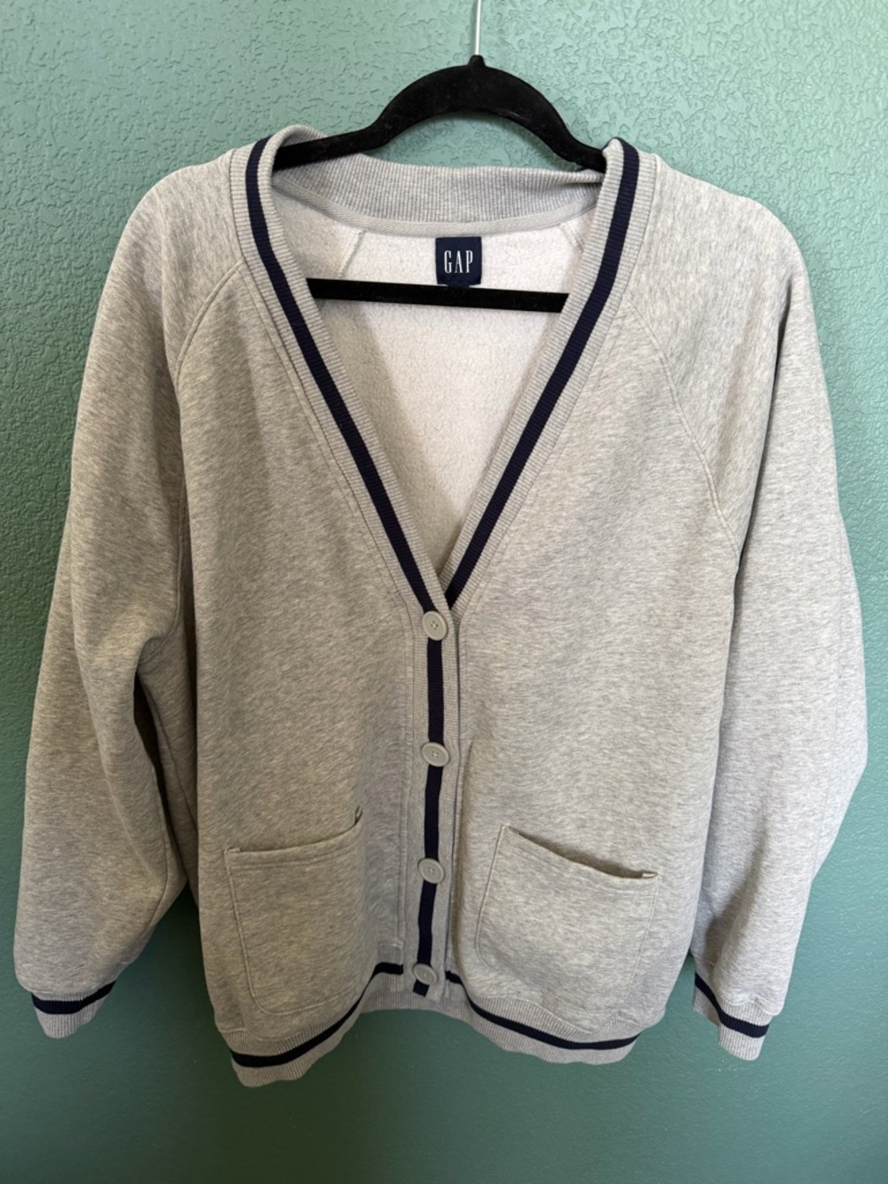 GAP womens Light Gray Cardigan with Navy Trim